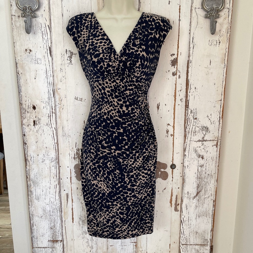 Ralph Lauren Dress Size 4 Navy Blue Beige Polka Dot Sheath Career Wrap Woman's